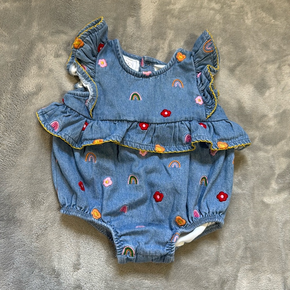 Mud Pie Denim Baby Romper with Pink Floral Detail